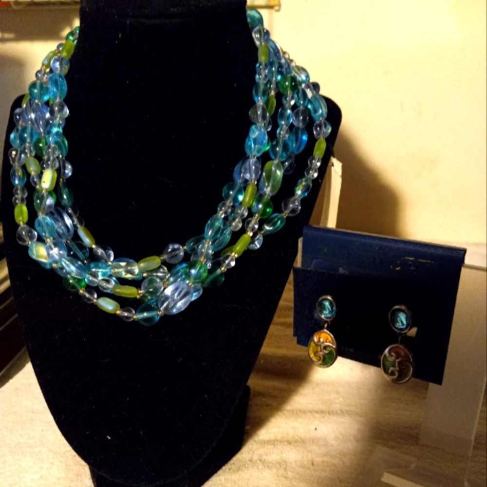 Not new,never worn,tags Givenchy blue&green glass 5 strand necklace&clip ear.
